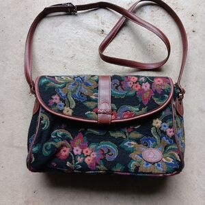 Liz Claiborne | Vintage 1989 Black Floral Tapestry Leather-Trim Crossbody Purse